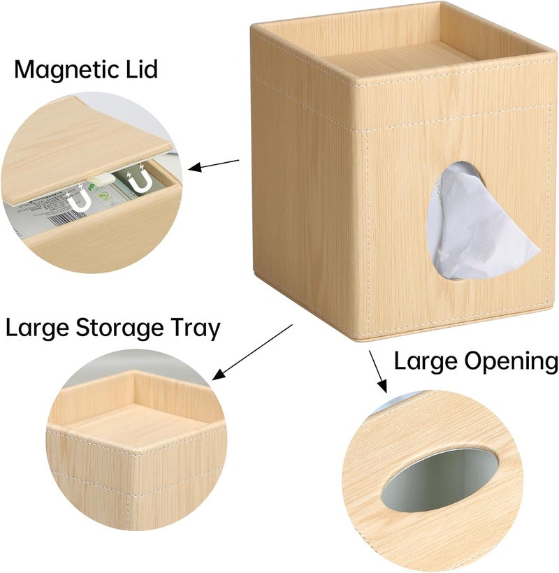 Cretkhp Tissue Box Cover, PU Leather Square Tissue Box Holder with Storage Tray for Bathroom Vanity Countertop Night Stands Bedroom Office Desk, Stylish Tissue Holder Decorative Organizer (Oak) - Image 3
